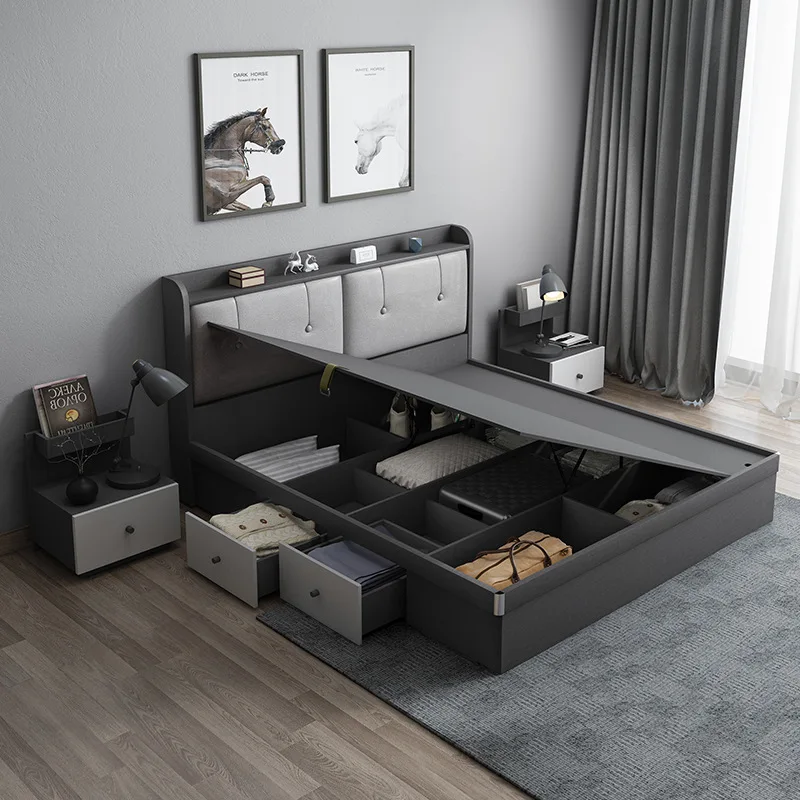 Single Storage Bed Base Set Wooden Storage Italian Design Double Bed