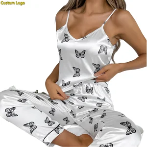 OEM Wholesale Custom Logo Satin Pajama Set for Women 2 Piece Silky Lingerie Sleepwear Lace Camisole Pj Shorts Set Soft Nightwear
