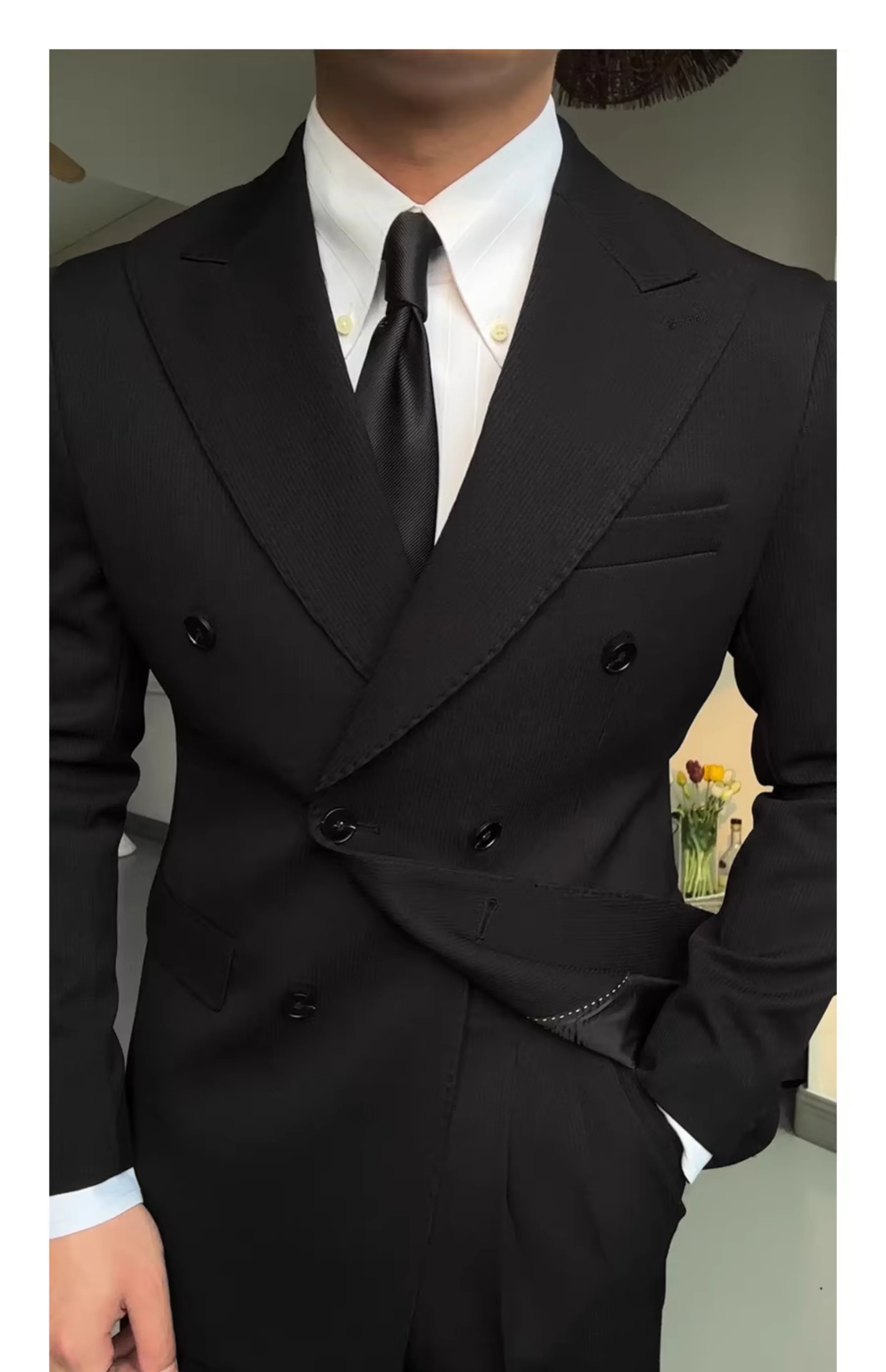 High-End Men's Black Double-Breasted Suit Lapel Collar Worsted Button Fly Button Zipper Pure Color for Business Wedding Banquet