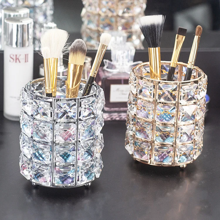 Hot Selling Gold Silver Colors Glass Square Beads Metal Frames Crystal Pen Holder For Office Souvenir Gifts