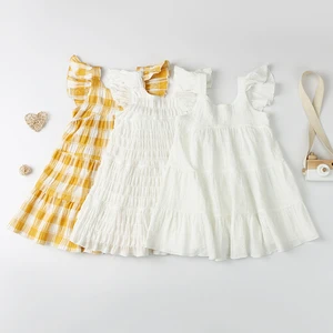 2026 Summer Kids Clothes Wrinkled Cotton Plaid Custom Print Petal Sleeve Dress Ruffles Baby Girl Dresses Summer