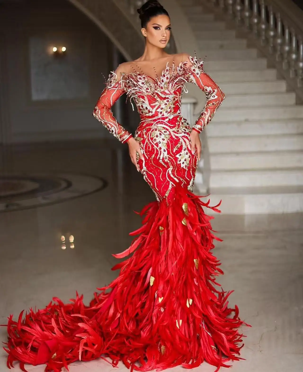 fitted lace wedding dress Backless Long Prom Dress with Feathers
