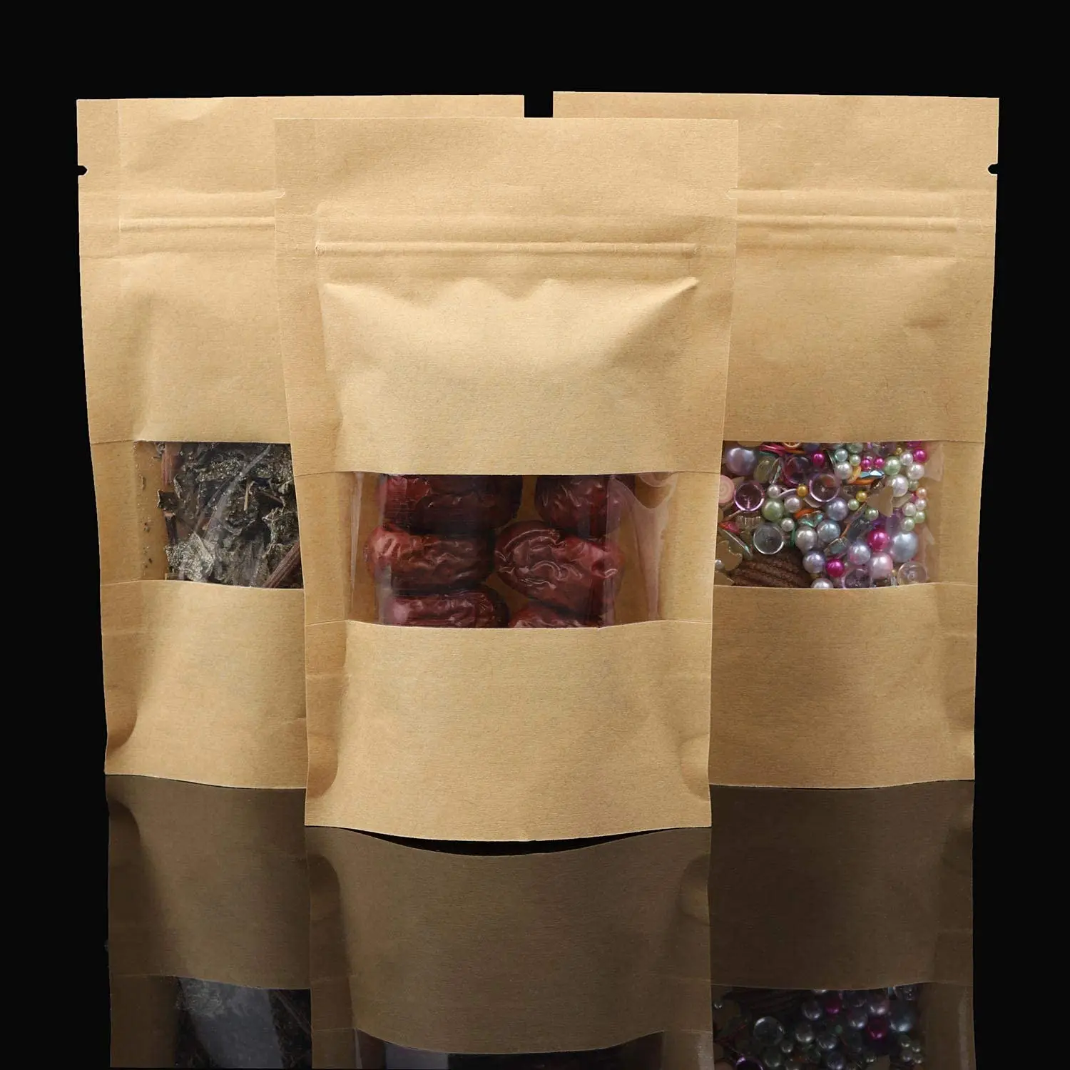 Custom Kraft Paper Coffee Bags with Moisture Proof Window Promotional Ziplock Edible Pouch for Food Tea Stand Packaging Pet Food