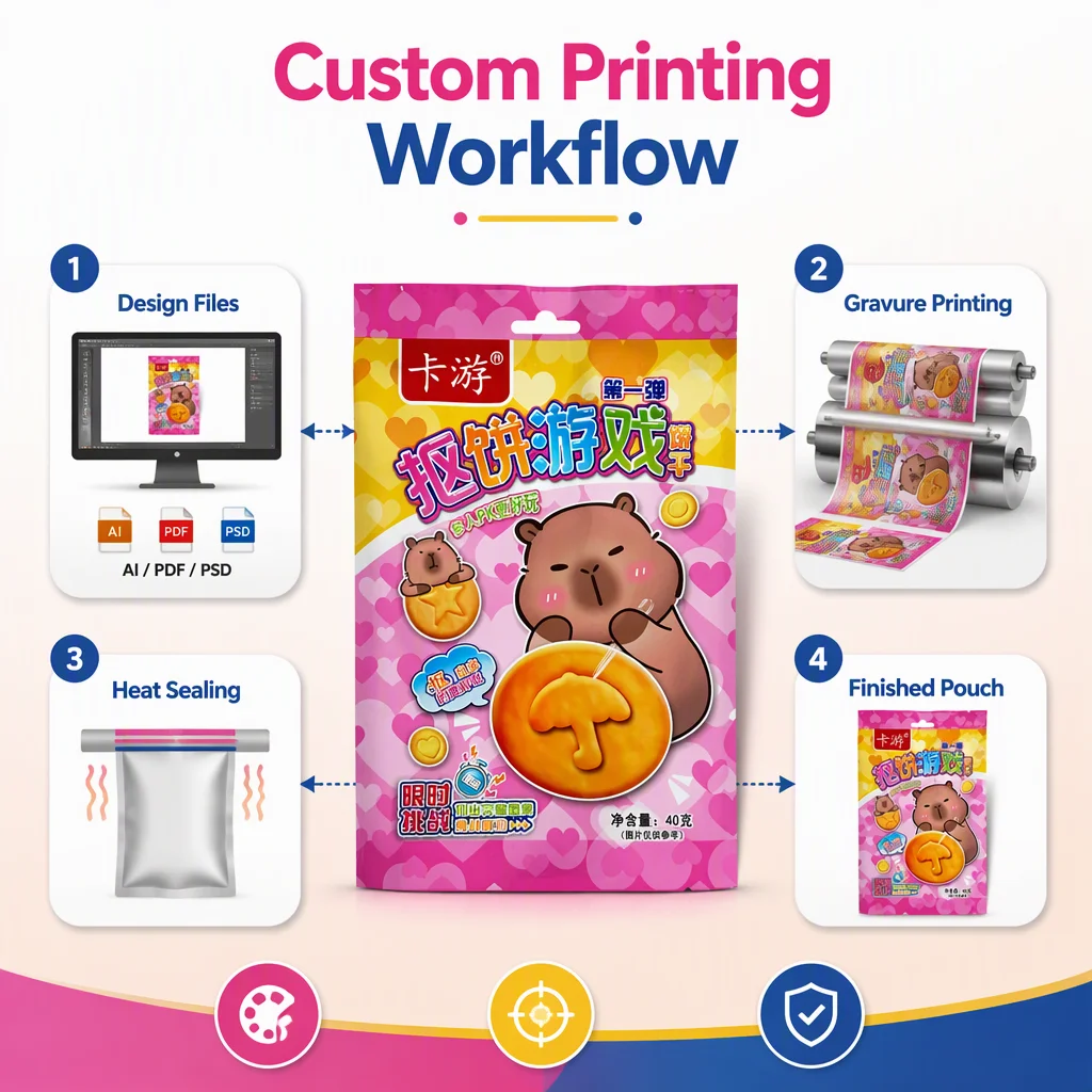 Custom Back Seal Bag Heat Seal Food Grade Gravure Printing for Snacks Sugar Gummy Candy Biscuits Cracker