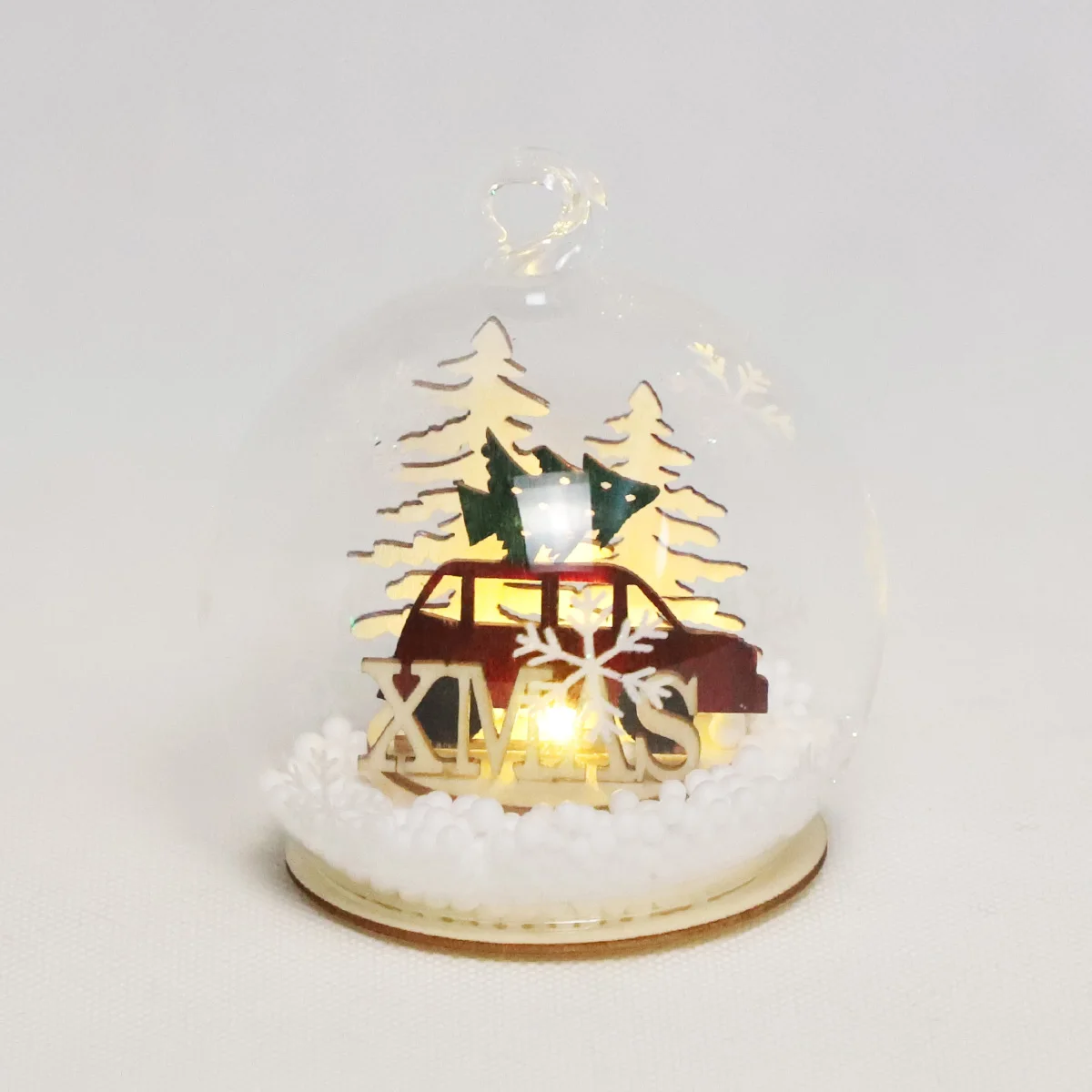 Customized LED  80mm Hanging Christmas Glass Ball Ornaments Battery Operated Light Christmas Glass Snow Ball