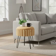 Wooden Round Ottoman Stool Storage Footstool for Living Room