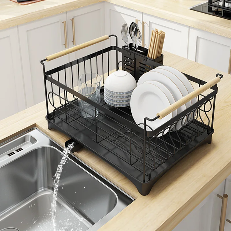 1Pcs Dish Drying Rack, 2-Tier Dish Rack for Kitchen Counte, Large Dish  Strainers with Drainboard, Dish Drainers with 2 Cup Holder, Extra Drying Mat,  Black Utensil Holder