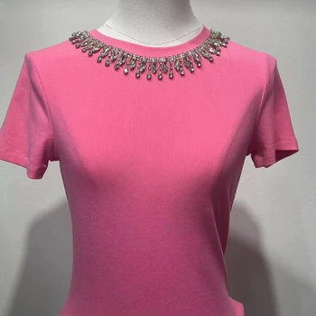 Ainidan Luxury Women's Top High Quality Crop Length Casual T-Shirt with Rhinestone Necklace Customizable Logo