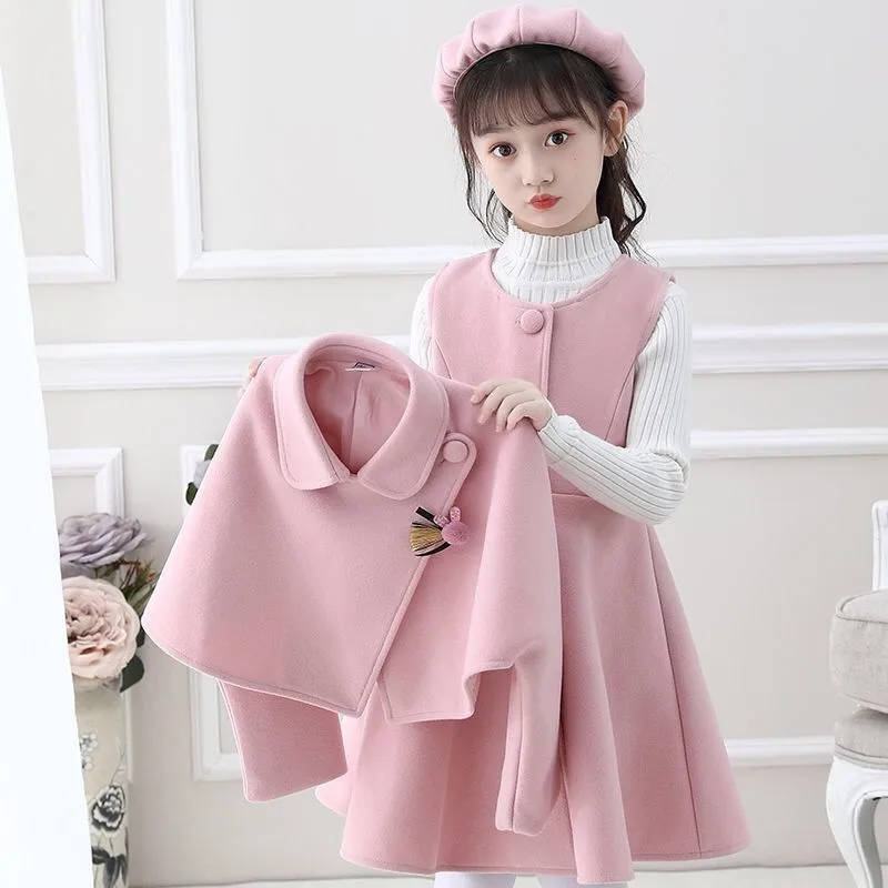 New Korean Style Red Woolen Sleeveless Dress Coat 3pcs Clothing Sets Baby  Girls Winter Woolen Dress