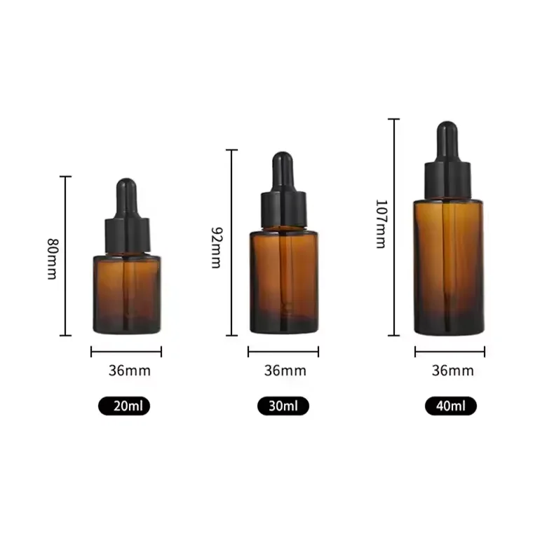 20ml 30ml 40ml 60ml Amber Color Flat Shoulder Essential Oil Dropper Bottle Cosmetic Glass Bottle With Dropper for Oil Package