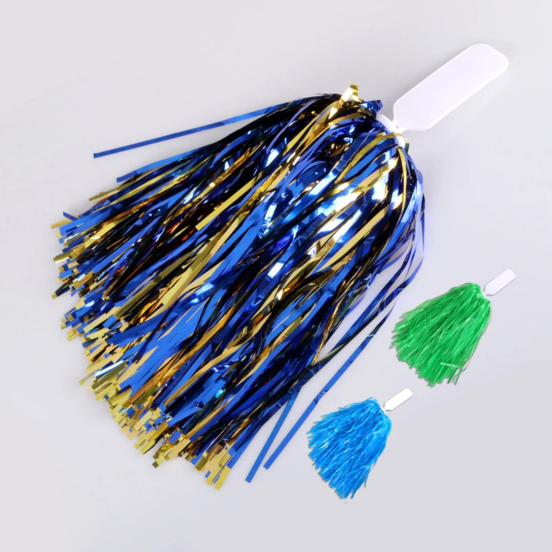 Custom Logo Flat Handle Cheer Leading Team Foil Pompoms Tissue Metallic Tinsel Cheerleading Pom Poms
