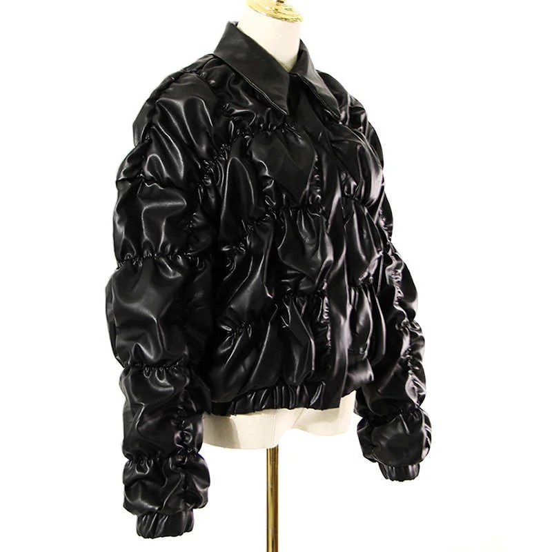 Women's Ruched Bubble PU Leather Jacket