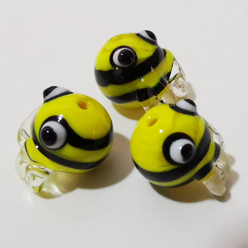 Ring Glass Crafts bee beads, yellow/black handmade