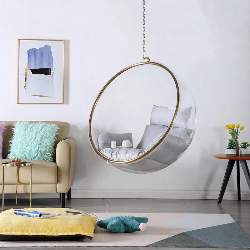 Golden frame Transparent hanging chairs Swing Floor Stand PVC/acrylic Bubble Chair for living room furniture