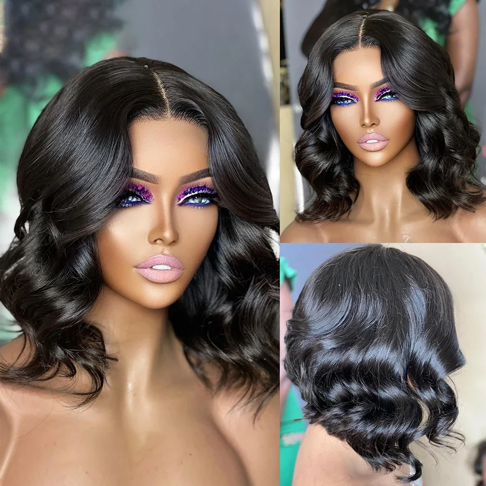 Parrucche frontali in pizzo brasiliano Remy Body Wave con chiusura in pizzo Bob corto con onda d'acqua e densità 250 per donne_voghion.com