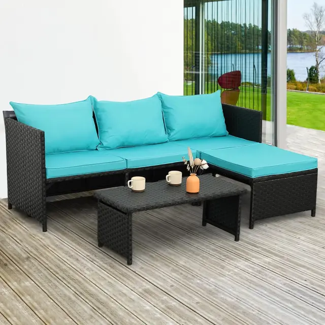 Outdoor PE Rattan Furniture Set Patio Black Wicker Conversation Sofa Sectional Couch Turquoise Cushion