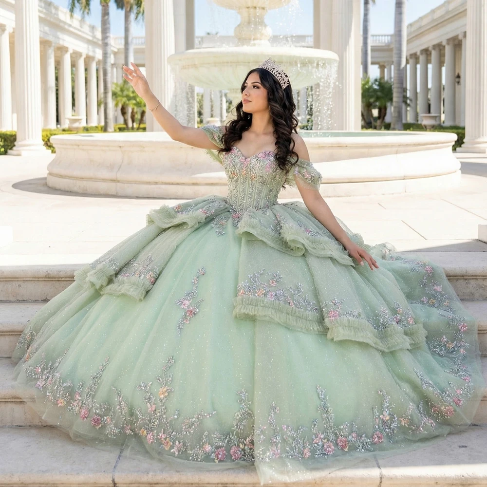 mint green sweet 16 dress Jancember 6921 Sage Quinceanera Floral Ball Gown Bridal Gown Ruffled Birthday Party Banquet sage green sweet 16 dress