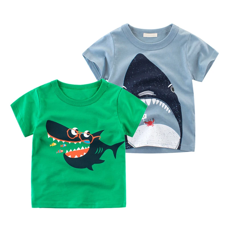 
 Новая летняя детская одежда, Детская Хлопковая Повседневная футболка с принтом большой акулы, с круглым вырезом и короткими рукавами для мальчиков  