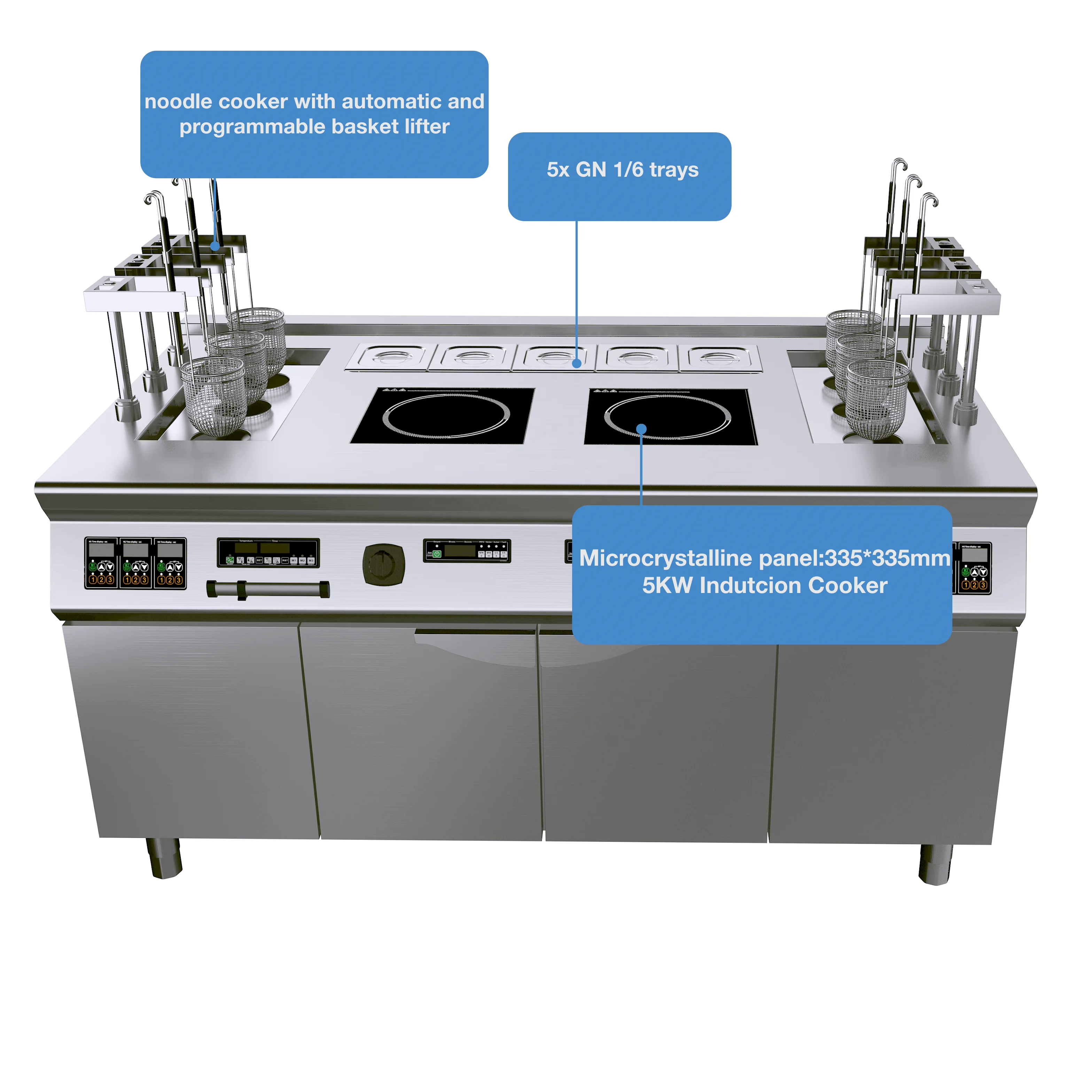 Commercial  Lift-up 6 Basket Pasta Cooker with Dual Burner Induction High-Efficiency Noodle Boiler for Restaurants