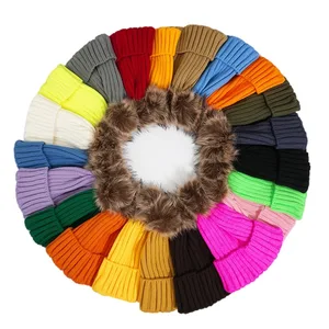 Pure Color Stripes Gray Ball Knitted Hat Winter New Fashion Versatile Woolen Hat Warm Double-layer Plush Thickening Cold Hat