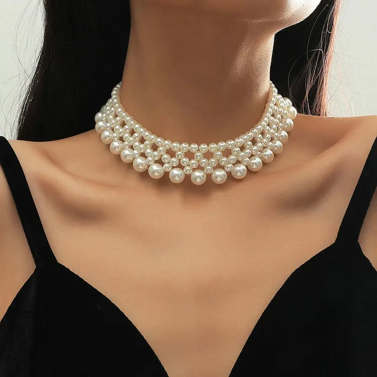 Handmade Historically Inspired Pearl Beaded Ribbon Choker Necklace in White