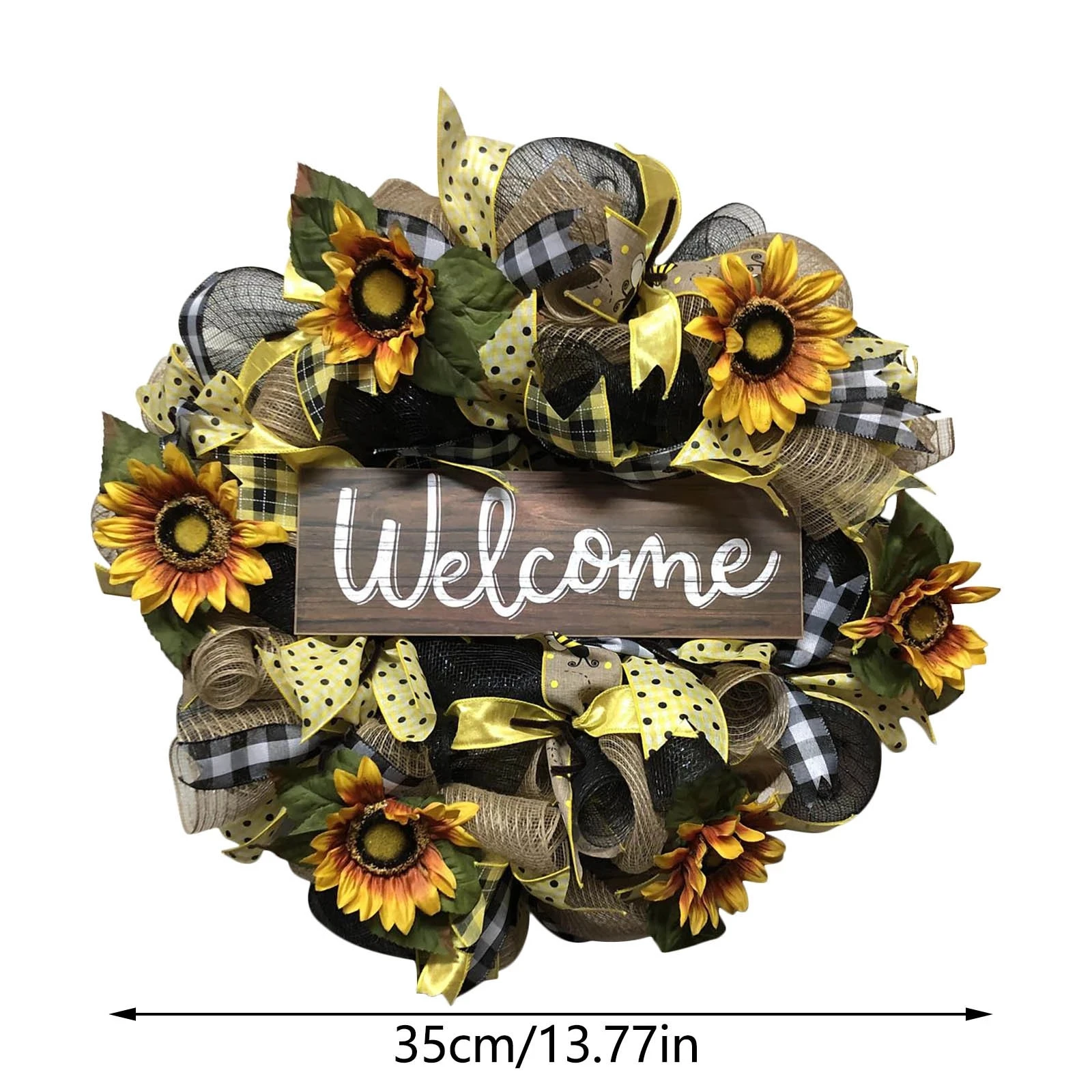 Spring Summer Outdoor Artificial Sunflower Bumblebee Garland Decorations Farmhouse Floral Wreath Hanging Garland for Front Door Wall Window Party Artificial Simulation Leaf Bee Sunflower Wreath 