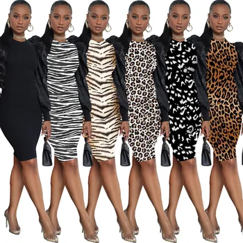 2022 new arrivals Spring fall stylish leopard print ladies night long puff sleeve tight casual dresses women clothes clothing