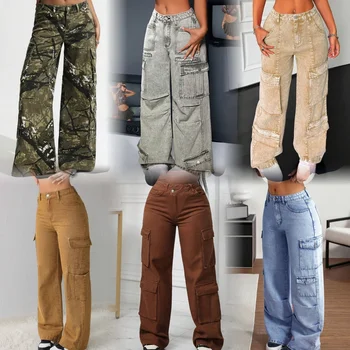 Wholesale cargo pants women's casual pants women's pants women's high waist belt pocket