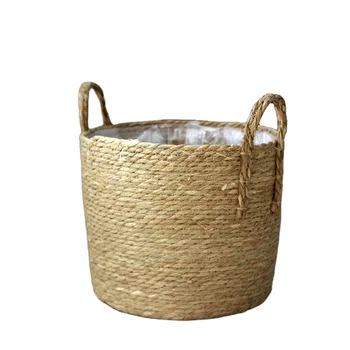 Handmade Natural Rattan Storage Plant Basket with Handle Wholesale Grass and Seaweed Woven Fabric Material