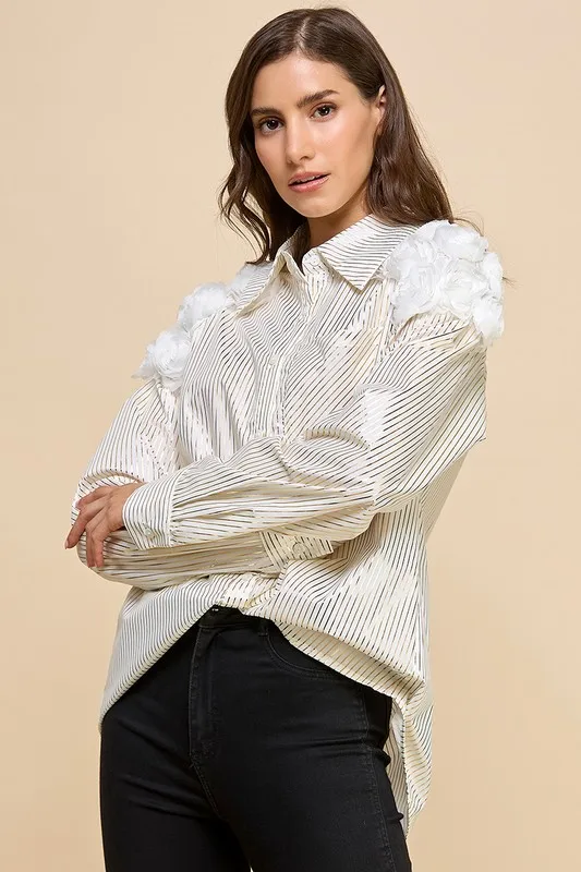 Ladies Striped Shirt With Floral Shoulder Decorations - Image 4