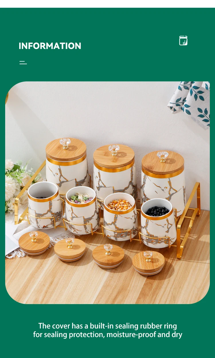 High quality Ceramic food storage jar with metal rack and lid Porcelain 7pcs condiment jar set factory