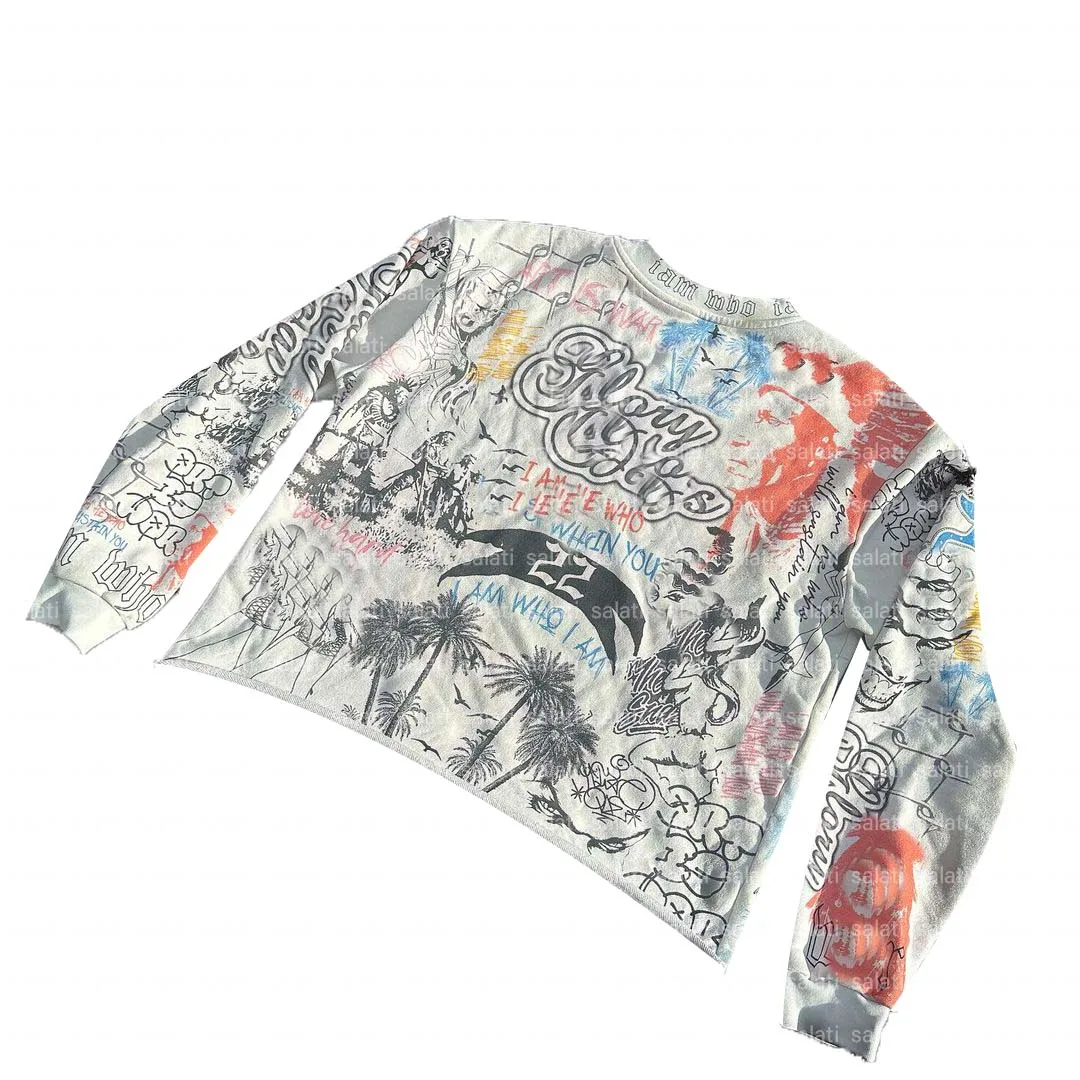 Salati Custom T-shirt Drop Shoulder White All Over Printed Rhinestone Oversized Boxy Cropped Thermal Long Sleeve T Shirt for Men gallery 7