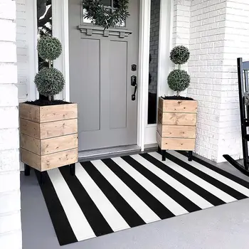 Indoor Outdoor Cotton Layered Door Mats Doormats Black and White Striped Rug