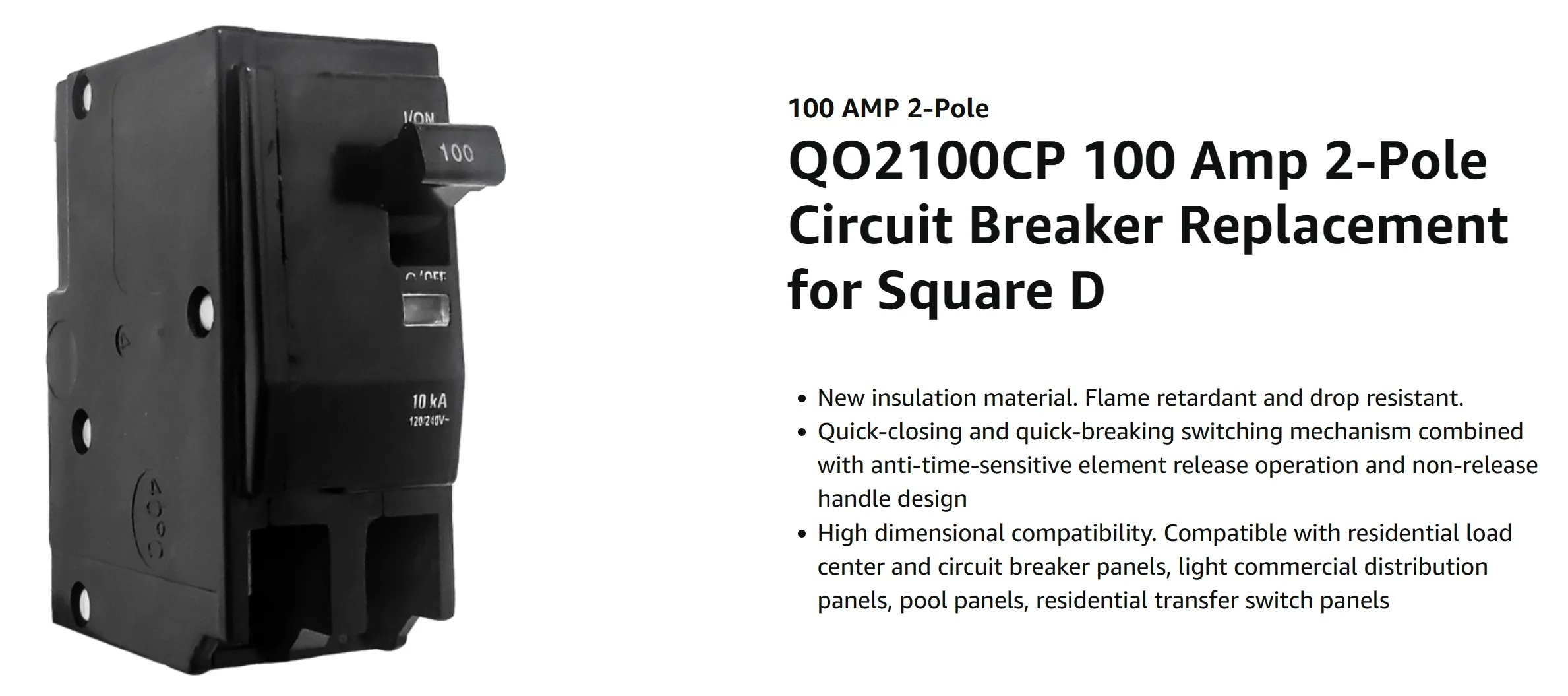 Squared D Type QO QO2100 QO2100CP 2 Pole 100 Amp 120V 240V 10kAIC Two Pole 100A Circuit Breaker