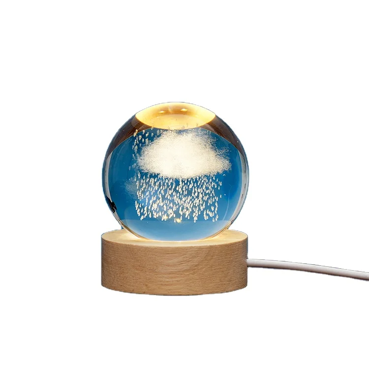 Galaxy Planet Glass Laser 3D Interior Engraved Small Night Light Crystal Ball with Wood LED Base Ball Night Lamp For Decoration