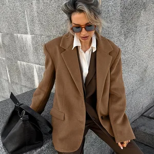 Autumn Brown Vintage Loose Lapel Single Button Coat Female Chic High Street Outwear Women Casual Long Sleeve V-neck Suit Coats