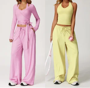 Hot Sale Workout Wear Quick Dry Tracksuits Fitness Activewear Yoga Clothes Tank Tops Wide Leg Pants Sports Yoga Set