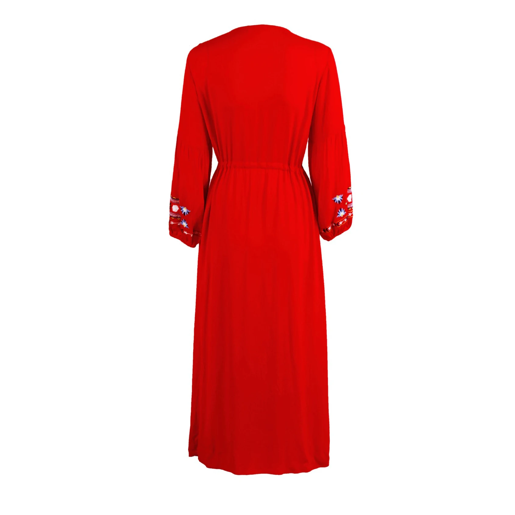 Red Boho Embroidered Long Dress for Women, Lantern Sleeve & Tie Waist Red Boho Embroidered Long Dress for Women, Lantern Sleeve & Tie Waist