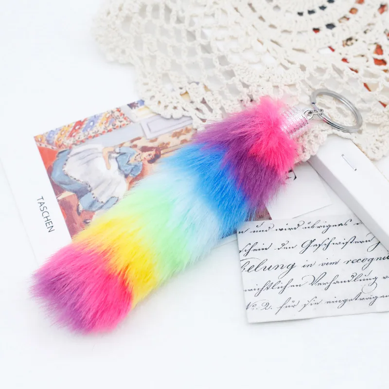 Assorted Color Faux Lucky Rabbit's Foot Key Chains  Plush Multi-color Rainbow Rabbit Foot Keychain Key Rings Handbag Charms