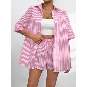 2025 Summer Striped Lady Outfit Loose Lapel Short Sleeves Single Breasted Top Elastic Waist Shorts Women Casual Shirt Shorts Set