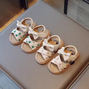 Fashion Girl Shoes Soft Soled Beach Shoes PU Bowknot Flower Embroidery Summer Children's Sandals