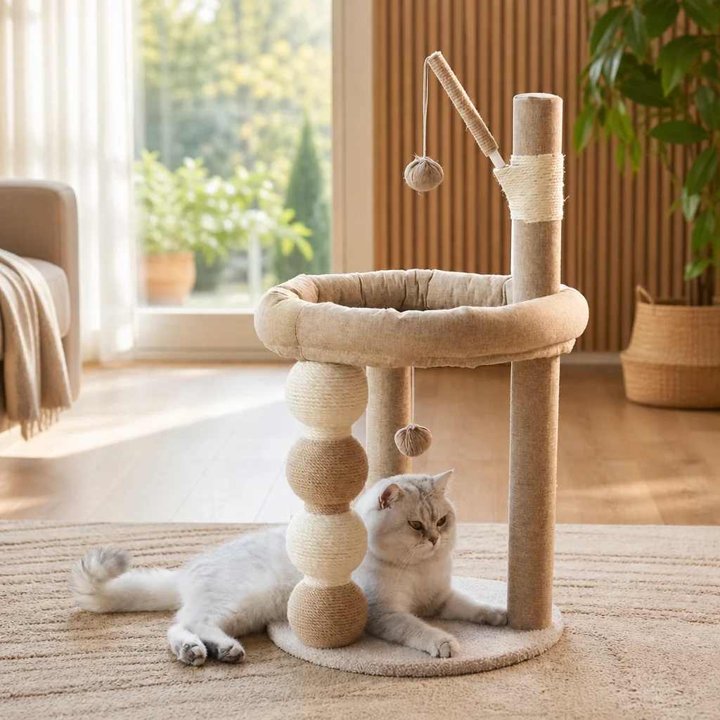 Modern Plush Wooden Cat Tree Dust — Product details 1