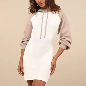 Huili Manufacturer High Quality Knitted Long Hoodie Skirt Color Block Women Clothes Logo Custom Hoodie Dress for Women Long
