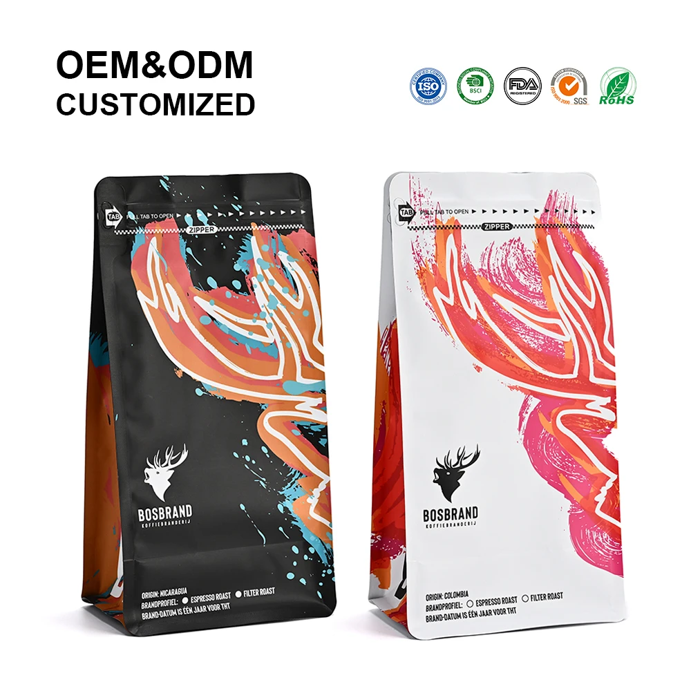 Superior Freshness-Locking Plastic Coffee Pouches Artistic Prints for Boutique Food Halls & Travel Coffee Kits