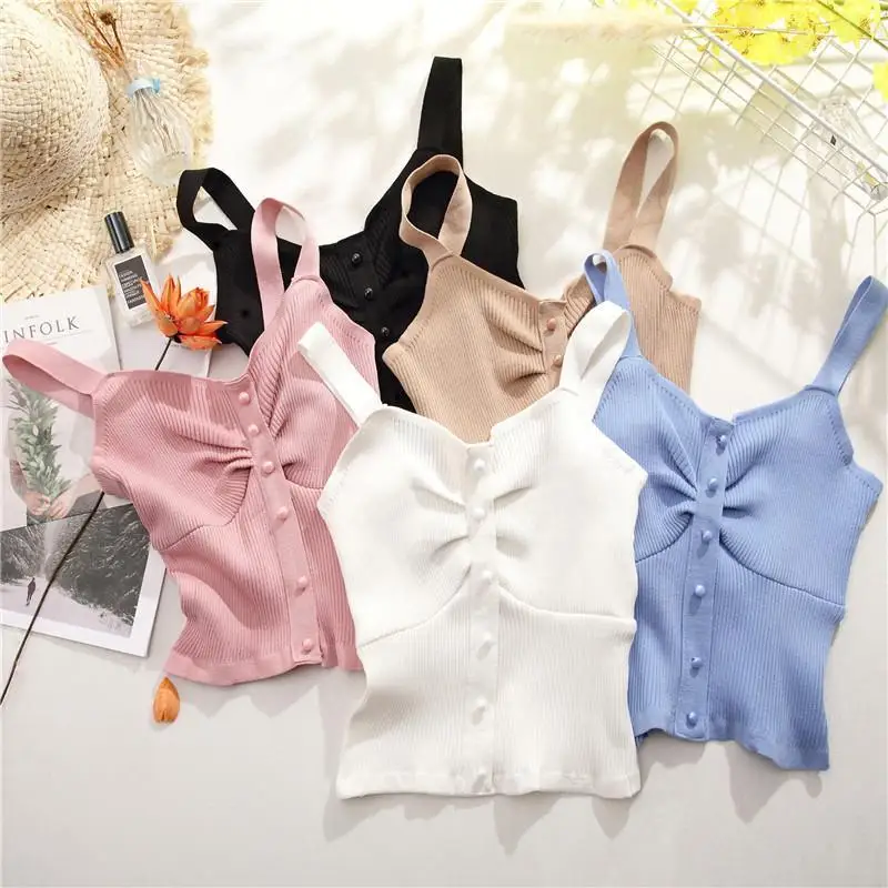 2021 Korean Version of Nice temperament vest knitted sweater is sexy girl style with middle row and button straps