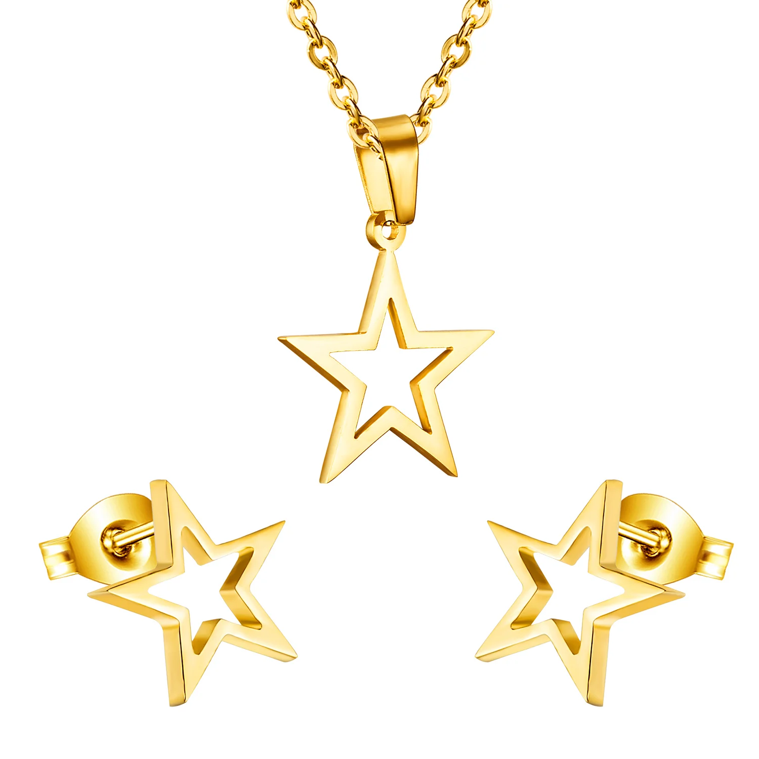 Stainless Steel Jewelry Set 18k Gold Plated Star Jewelry Trendy Women Gift  Earrings and Pendant Statement Gold Jewelry Sets