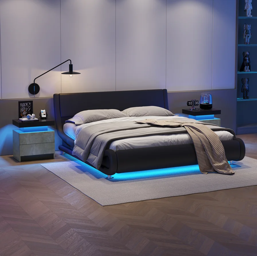 Moderner Nachttisch mit LED-Beleuchtung, zwei Schubladen und Seitenteil fürs Schlafzimmer_voghion.com