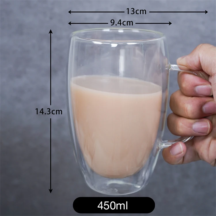 Manufacture custom multiple capacities double walled glass coffee cup mug with handle details