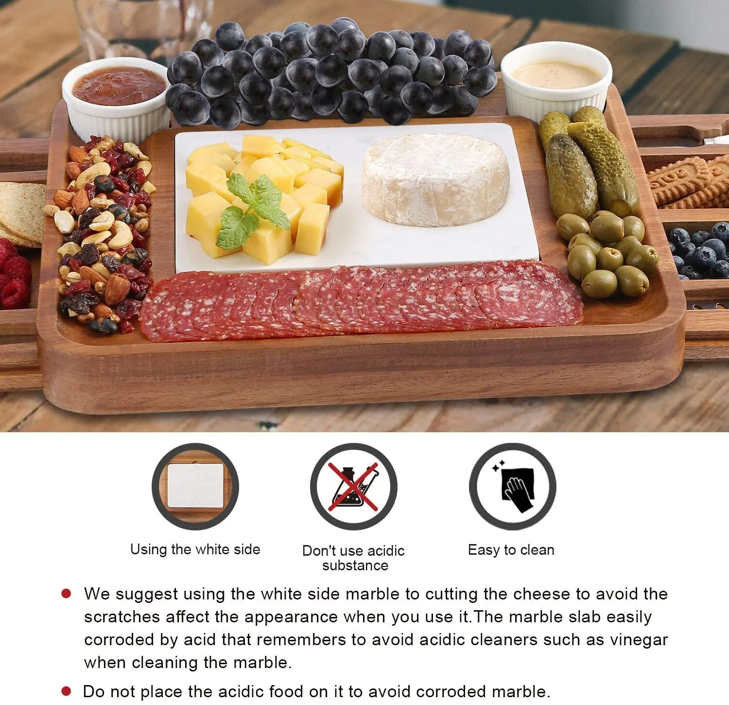 Combohome Cheese Board and Knife Set Acacia Charcuterie Boards Platter Serving Tray with Double Side Marble Slab