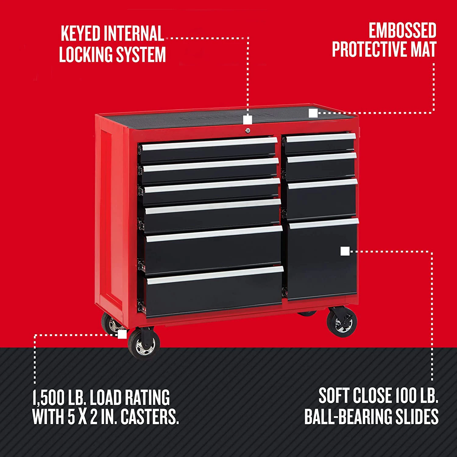 Rolling 41-Inch 10 Drawer Heavy Duty Tool Chest Roller Cabinet for Garage details